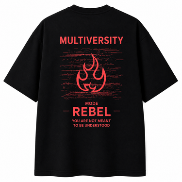 Rebel Mythic Oversized Tee back graphic featuring Rebel sigil and Multiversity artwork