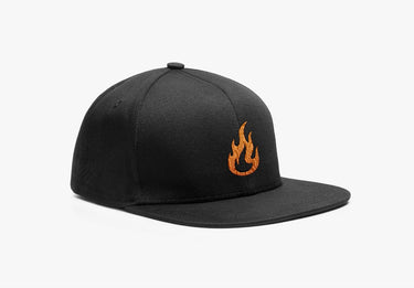 Black cap with orange flame design on a white background