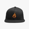 Front view of black snapback cap with embroidered orange flame sigil