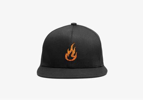 Front view of black snapback cap with embroidered orange flame sigil