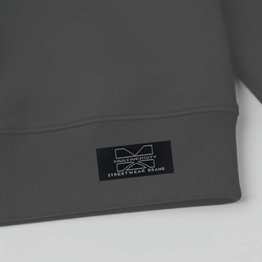 Gray sweatshirt with a brand logo on a white background