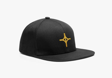 Black cap with a gold star emblem on a white background