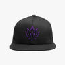 Black snapback cap with violet flame lotus embroidery inspired by Cyndra Vex from Multiversity.