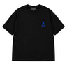 Black oversized Multiversity Tokai Mode 04 T-shirt with small electric blue X sigil and Tokai chest print.