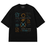Multiversity Glitch Transfer Tee in black with cyan and gold graphic print, front view