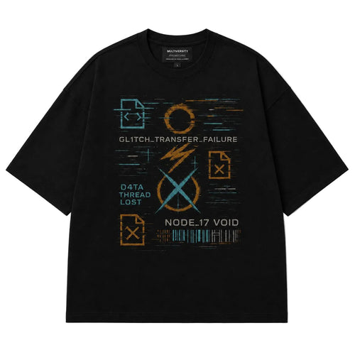 Multiversity Glitch Transfer Tee in black with cyan and gold graphic print, front view
