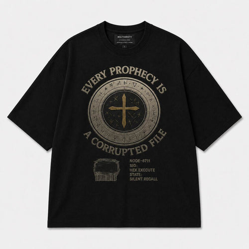 Multiversity Prophecy Sigil Tee in black with distressed gold sigil graphic, front view