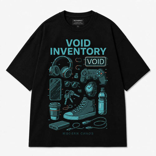 Multiversity Void Inventory Tee in black with teal Modern Chaos graphic, front view