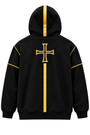 Close-up of the gold Fate Stack back sigil and vertical signal detail on the Nyrah Hex hoodie.