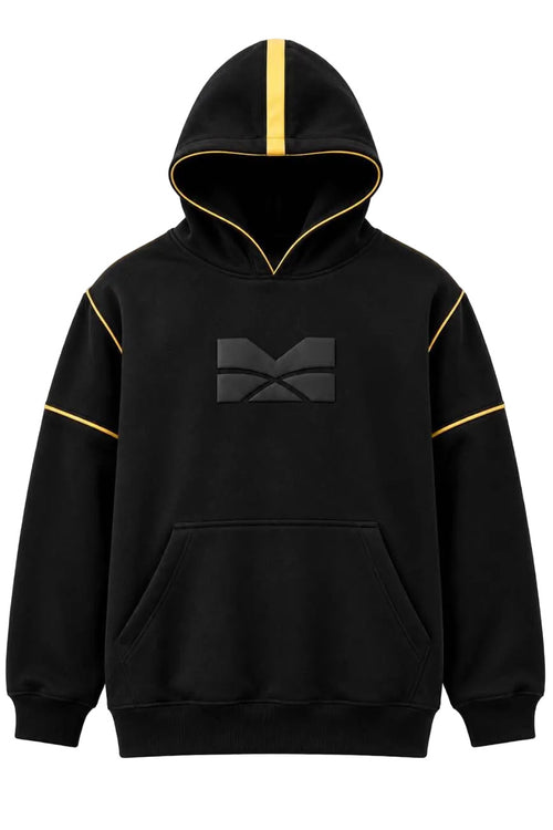 Close-up of the gold piping and construction details on the Nyrah Hex Fate Stack Hoodie.