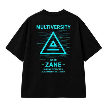 Back flat lay of the Zane Mode Tee featuring the Zane signal graphic and cyan alignment artwork.