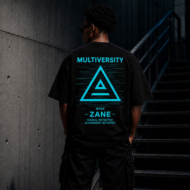 Rear lifestyle view of a model wearing the Zane Mode Tee with the oversized Zane signal graphic on the back.