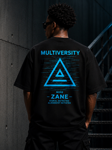 Rear lifestyle view of a model wearing the Zane Mode Tee with the oversized Zane signal graphic on the back.
