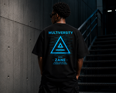 Rear lifestyle view of a model wearing the Zane Mode Tee with the oversized Zane signal graphic on the back.