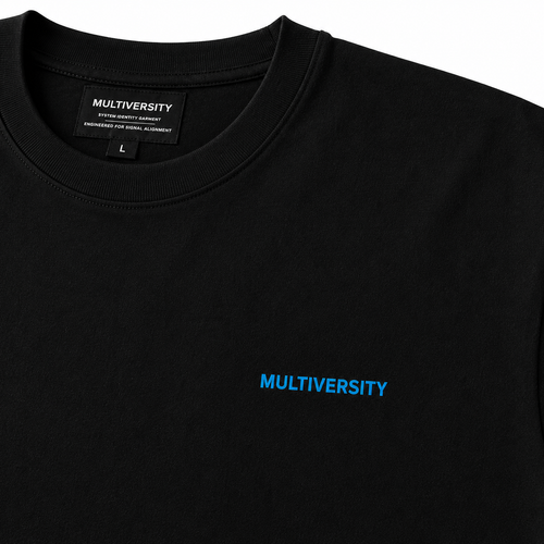 Close-up of the cyan Multiversity chest logo on the Zane Mode Tee in Pantone Black C heavyweight cotton. (alternate view)