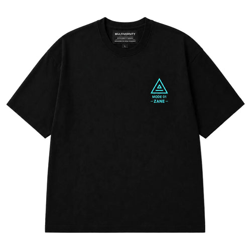 Front flat lay of the Zane Mode Tee in Jet Black, made from 240 GSM heavyweight cotton with a cyan Zane Dripwalker chest logo.