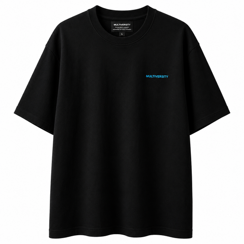 Front flat lay of the Zane Mode Tee in Jet Black, made from 240 GSM heavyweight cotton with a cyan Multiversity chest logo.